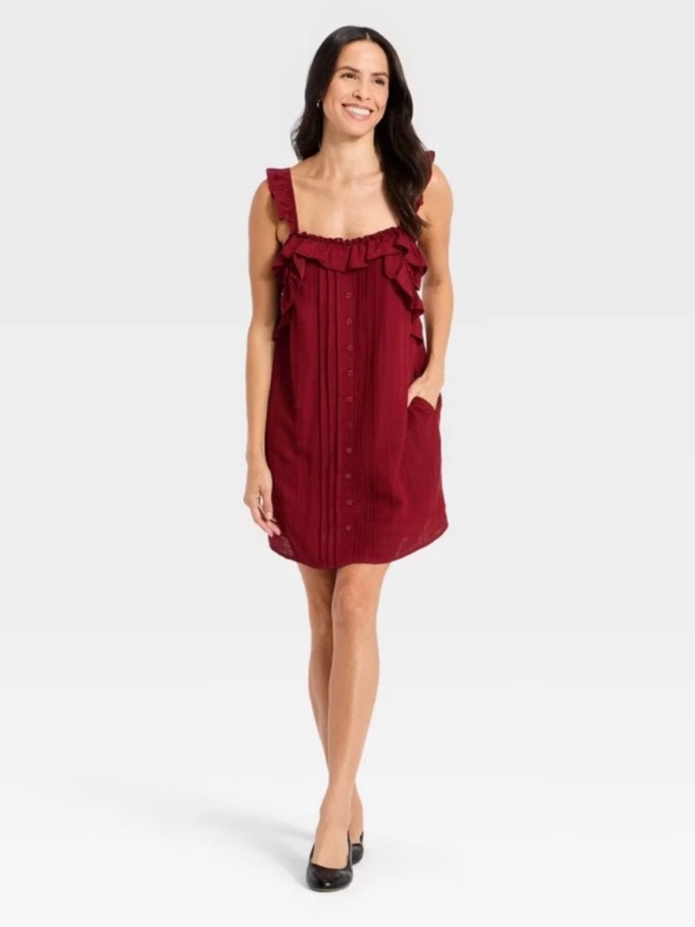 NWT Universal Thread cami ruffle A-line dress in Maroon - Picture 3 of 8